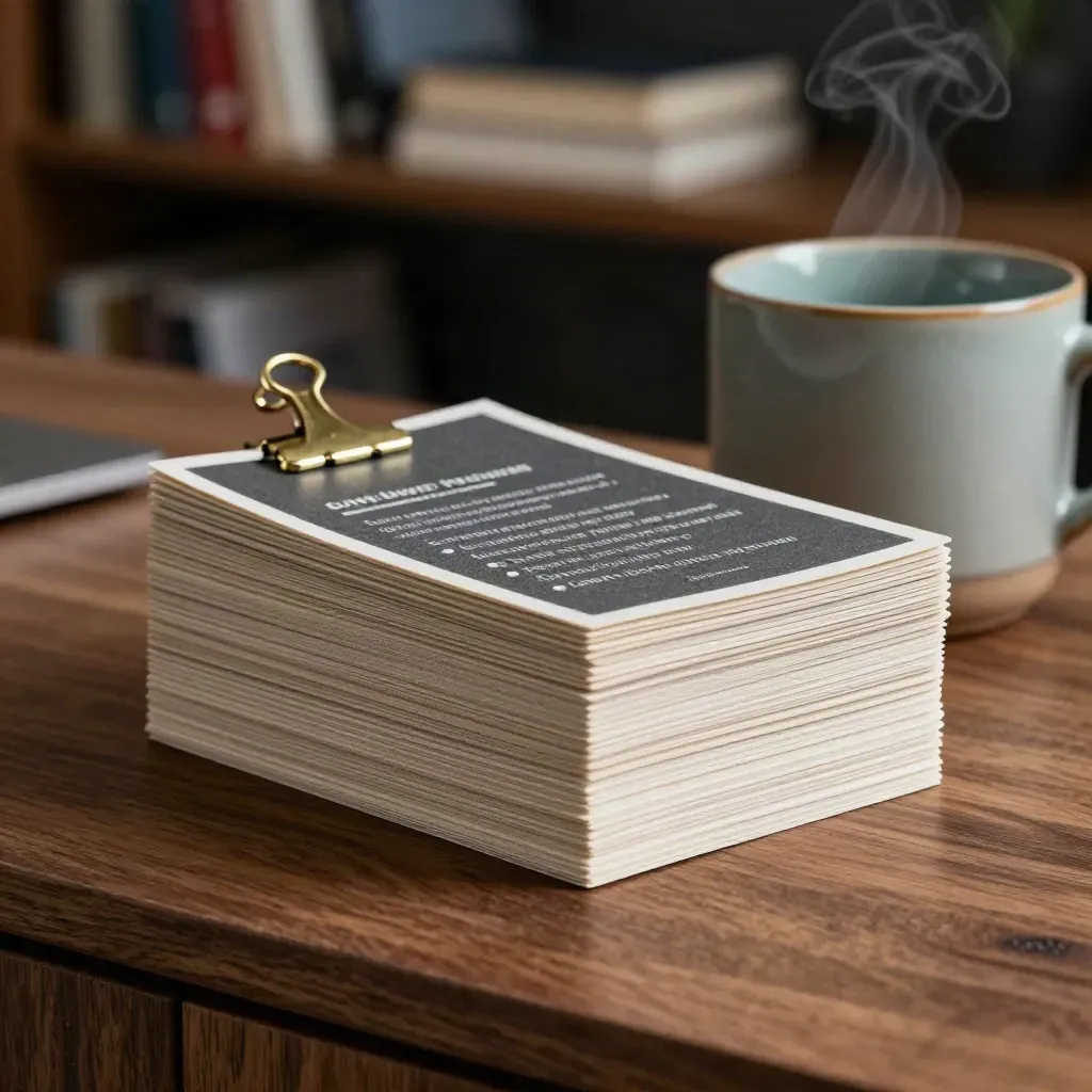 Lead-generation cards beside a brass ring clip and ceramic cup in warm office light