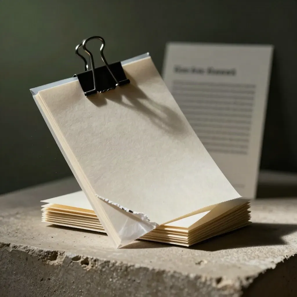 Tracing-paper starter packet with dark clip and blank inserts in raking light