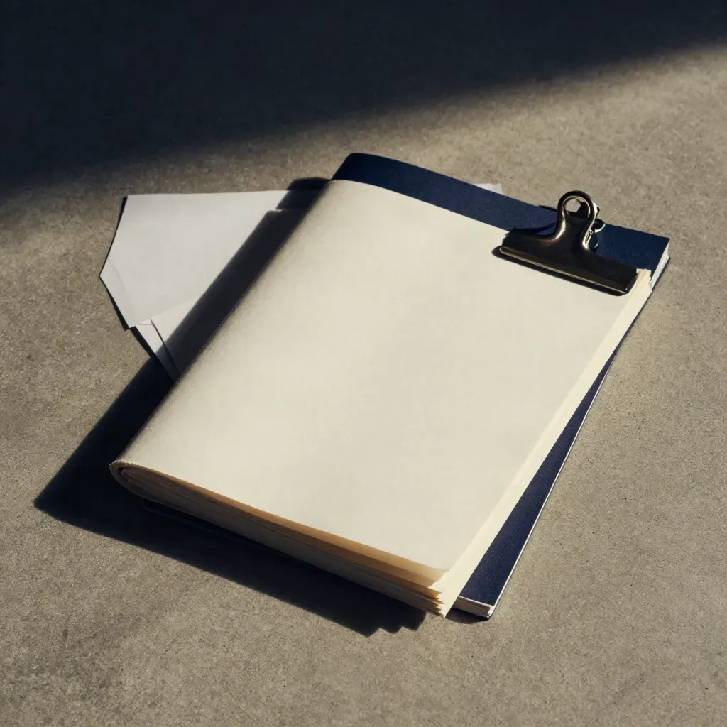 Overhead blank growth report sheets with navy sleeve and steel clip on warm concrete.