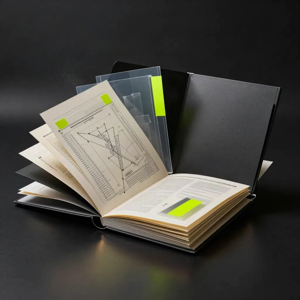 Open strategy folder with lime tabs on a matte-black surface in dramatic studio light