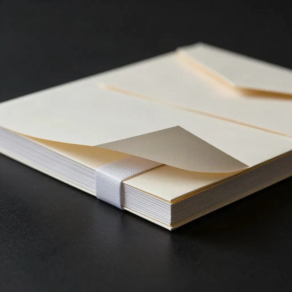 Dark studio still life of a lead magnet plan folio with nested sheets, envelope and fabric band.