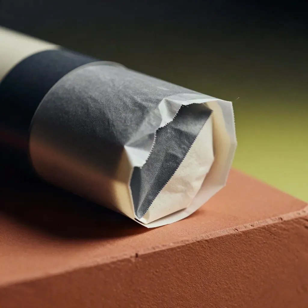 Macro of a graphite packet wrapped in tracing paper, peeling corner lit by raking light.