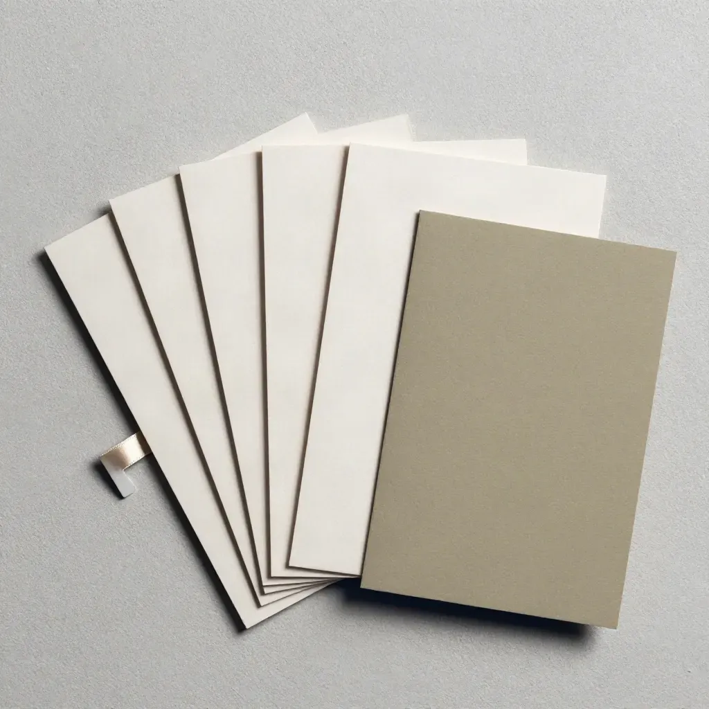 Five blank review cards with a clip and folded sleeve on pale concrete