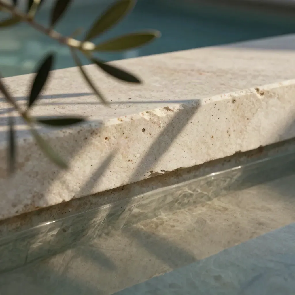 Travertine terrace edge with olive branch shadow and calm stone space for headline