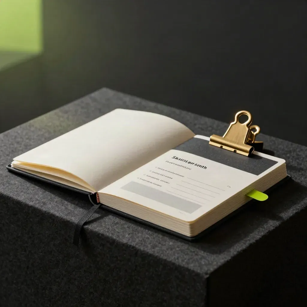 Hero appointment kit with notebook, card stack and brass clip on dark felt.