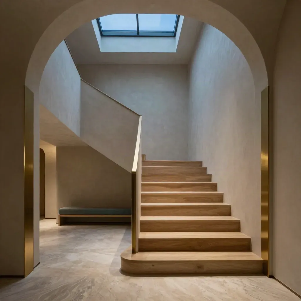 Arched stair landing with brass trim, skylight glow, and calm plaster space