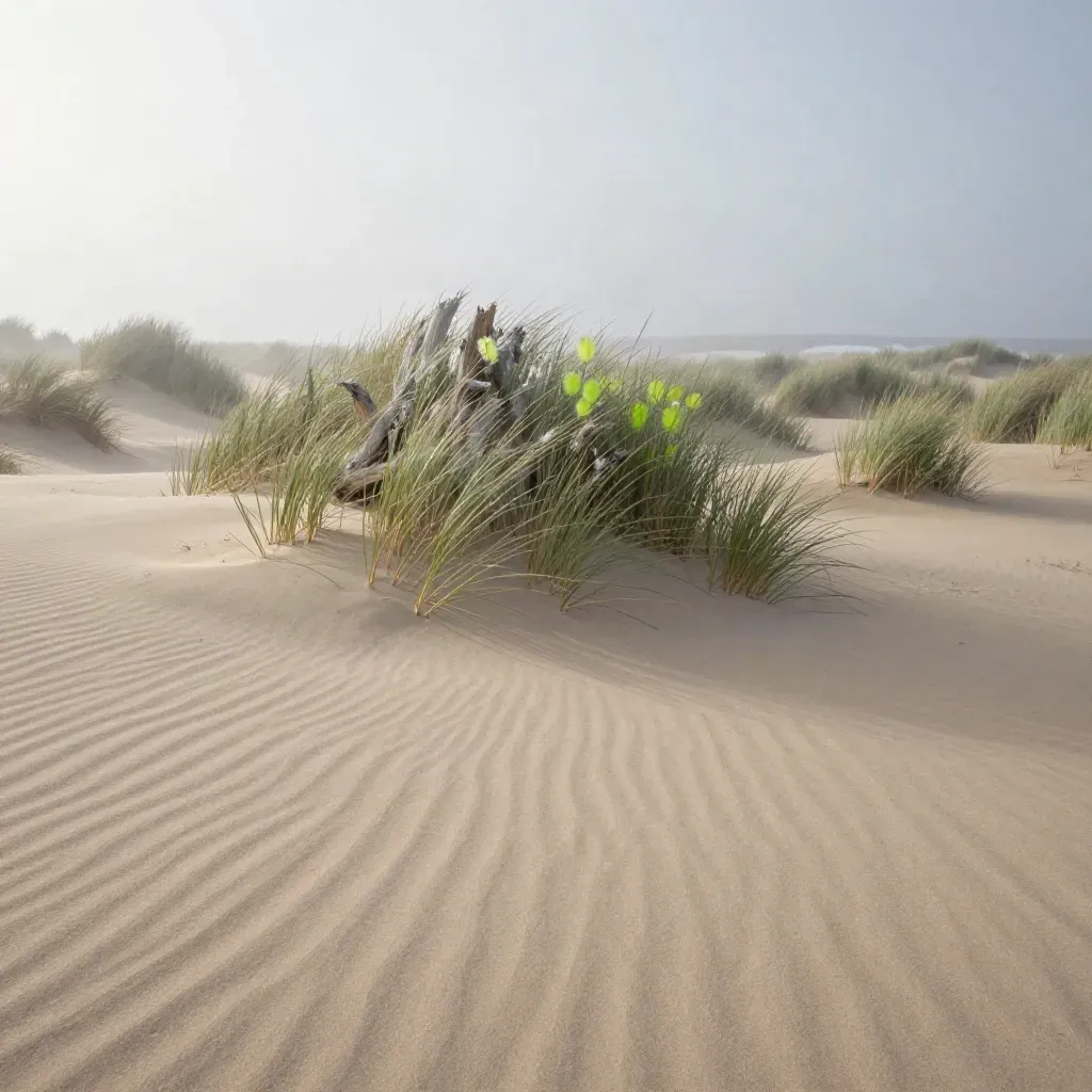 Windy dune grass over pale sand and fog at sunrise, wide and minimal with calm copy space.
