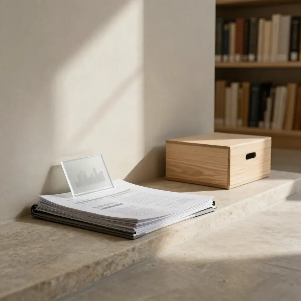 Warm library room with report folios on a stone sill, lit by late sun