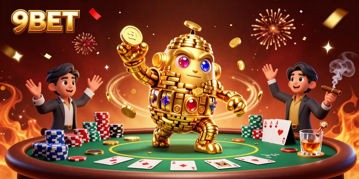 Experience the thrill of gaming at 9BET with a golden golem surrounded by poker elements.