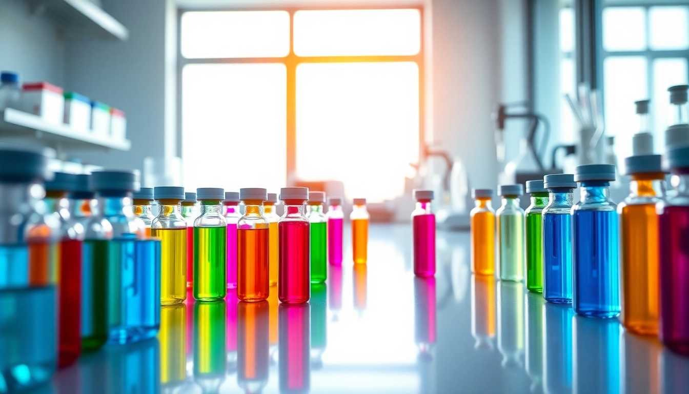 Engaging scientist studying peptides in a high-tech lab, showcasing vibrant peptide vials.