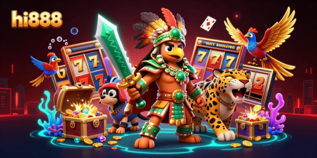 Experience thrilling slots and jackpots with hi888 in this vibrant casino-themed illustration.
