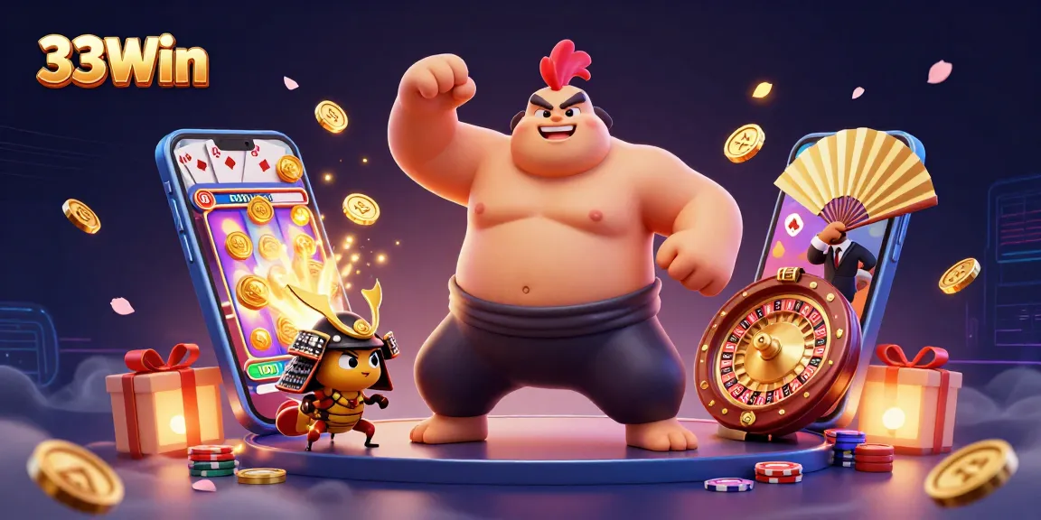 33Win captivates with its dynamic casino scene featuring a powerful sumo wrestler, samurai cricket, and exciting game elements.