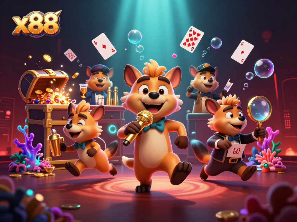 Experience the fun at x88 with hyenas in a vibrant casino scene filled with dynamic casino elements.