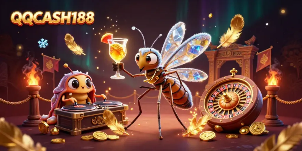 Engage with QQCASH188 through an enchanting casino scene featuring a unique frozen insect mascot and dynamic gaming elements.