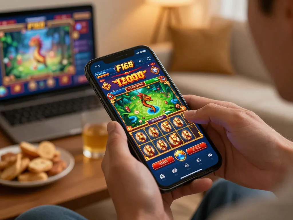 Player enjoying F168 casino app gameplay on mobile device, highlighting lively Dragon Fishing action.