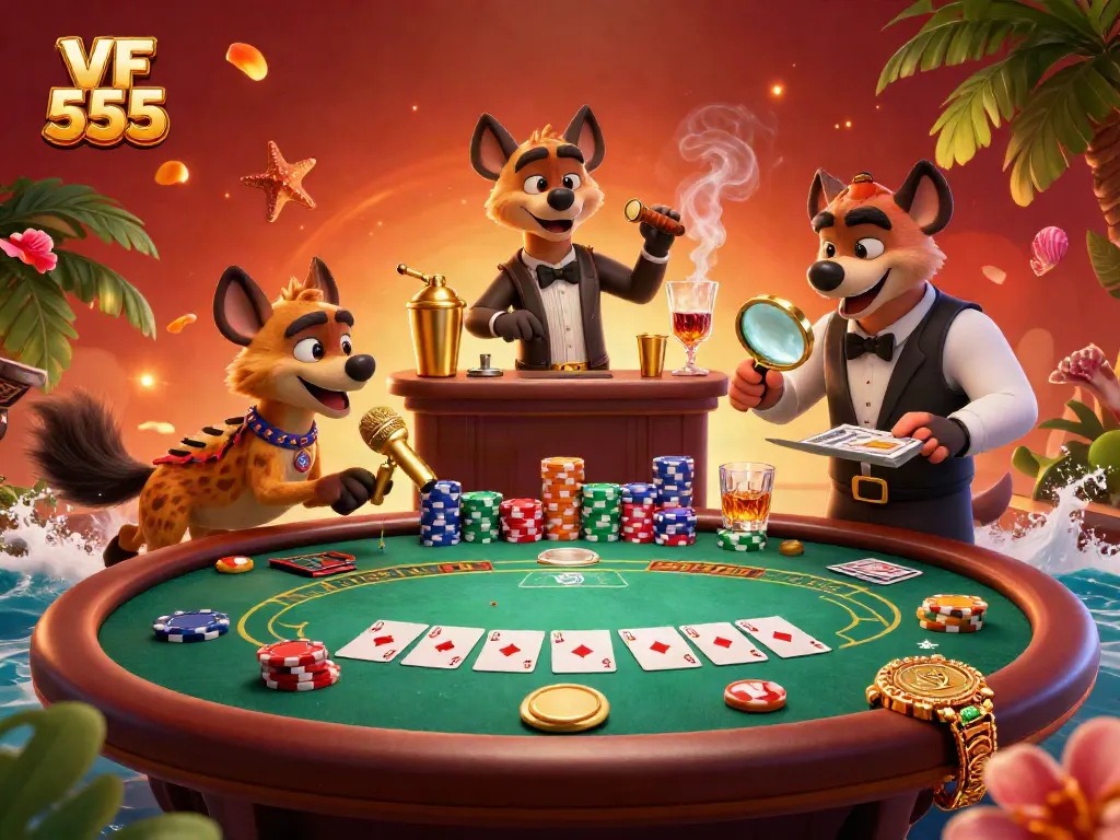 Hyenas performing in a comedic casino scene for VF 555, showcasing poker elements and vibrant decor.