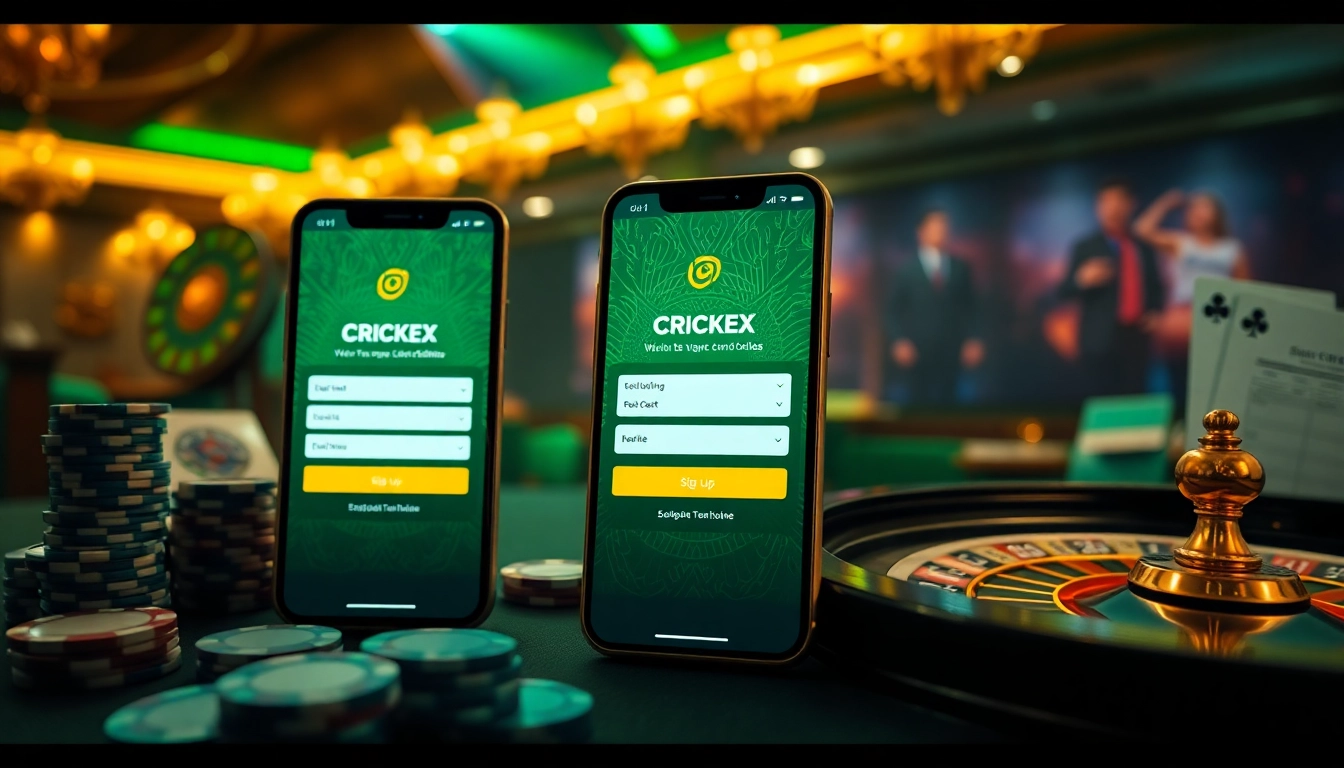 Crickex sign up interface displayed on mobile devices amidst an exciting casino atmosphere of cricket betting.