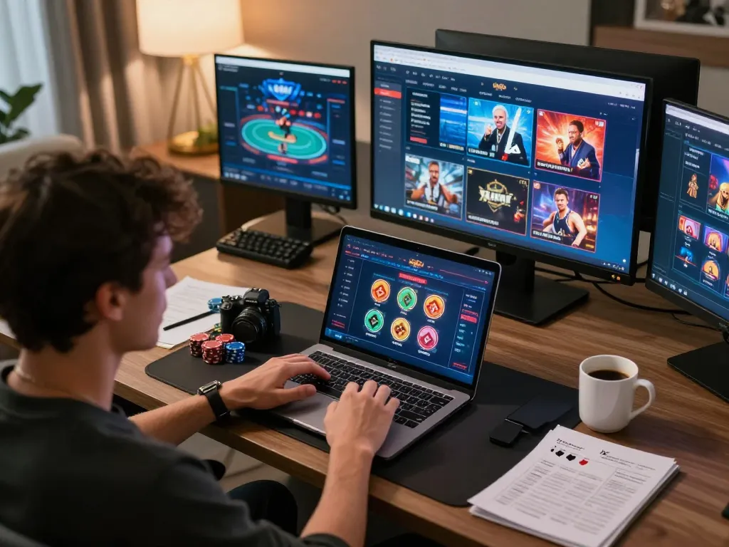 Player engaging in a poker game on F8bet in a modern home setting, highlighting strategic gameplay.
