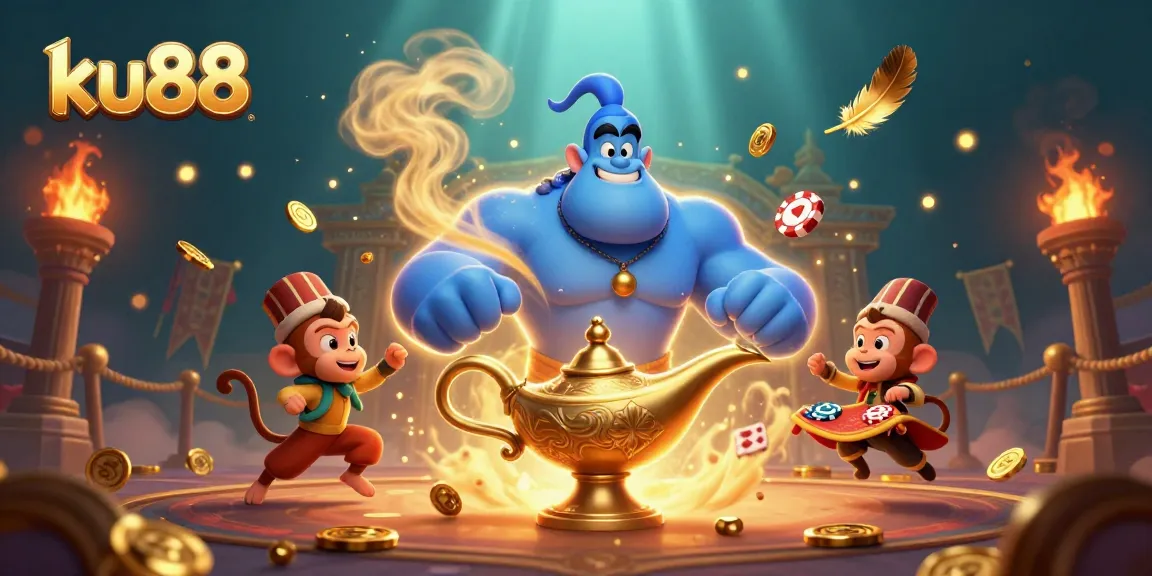 Experience the thrill of playing at ku88 with a magical scene of a genie, monkey, and poker chips.