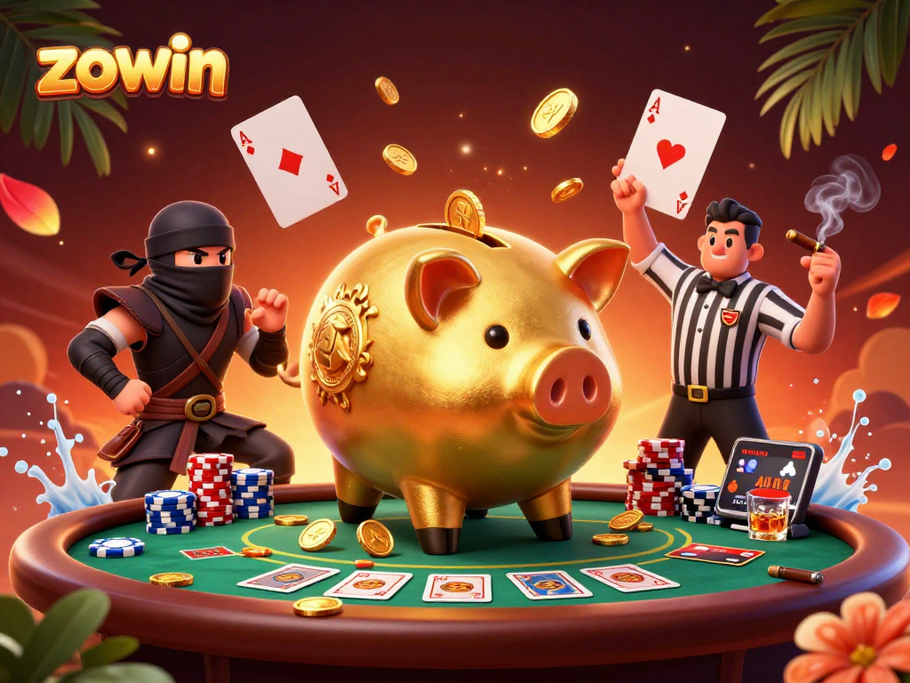 Engage with zowin's thrilling poker showdown featuring vibrant characters and casino elements.