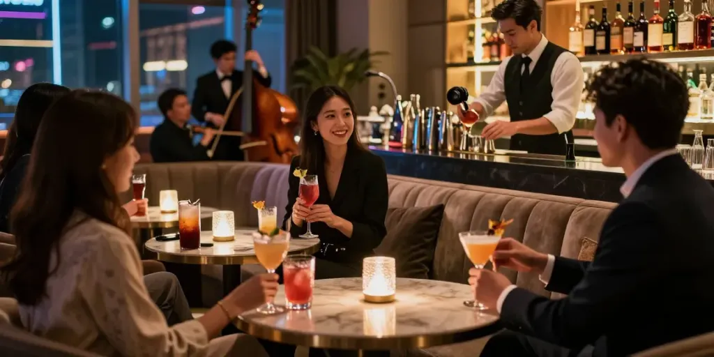 강남세이렌 쩜오에서 우아한 인테리어로 칵테일을 즐기는 손님들 모습.