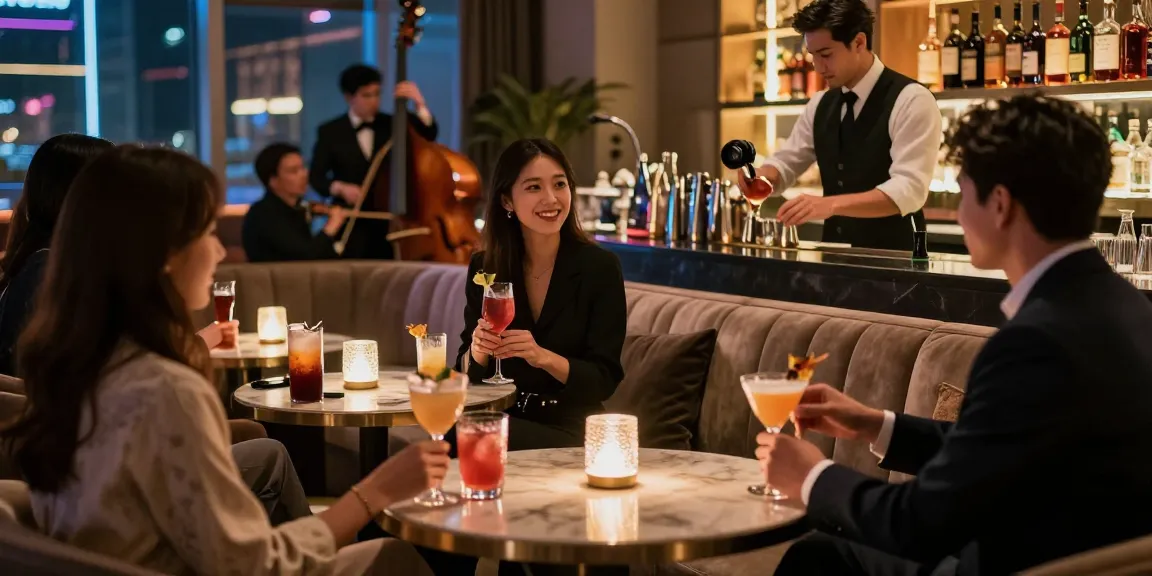 강남세이렌 쩜오에서 우아한 인테리어로 칵테일을 즐기는 손님들 모습.