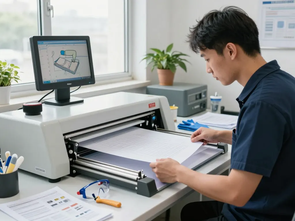 Expert technician performing bóc giấy ép plastic using advanced technology to ensure document preservation without damage.