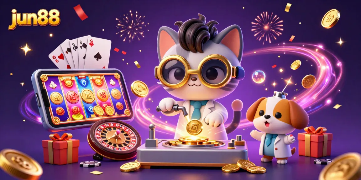 Experience jun88's thrilling games with a vibrant illustration of a mad scientist cat and loyal dog at a gambling lab.