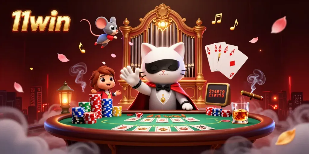 Engage in exciting casino action at 11win with a vibrant 3D illustration featuring an acrobatic mouse and a phantom cat.