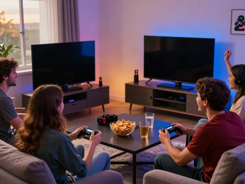 Excited friends enjoying online gaming at https://five88bet.org/ with vibrant atmosphere and snacks.