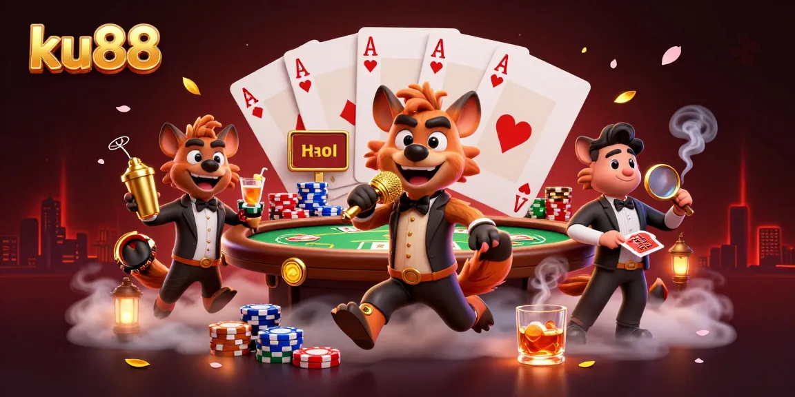 Experience lively gaming fun at ku88 with cartoon hyenas in a vibrant casino scene.