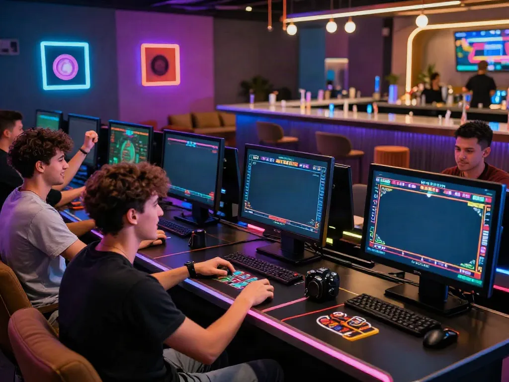 Engaged male gamers enjoying an exciting manclub gaming experience in a modern lounge.