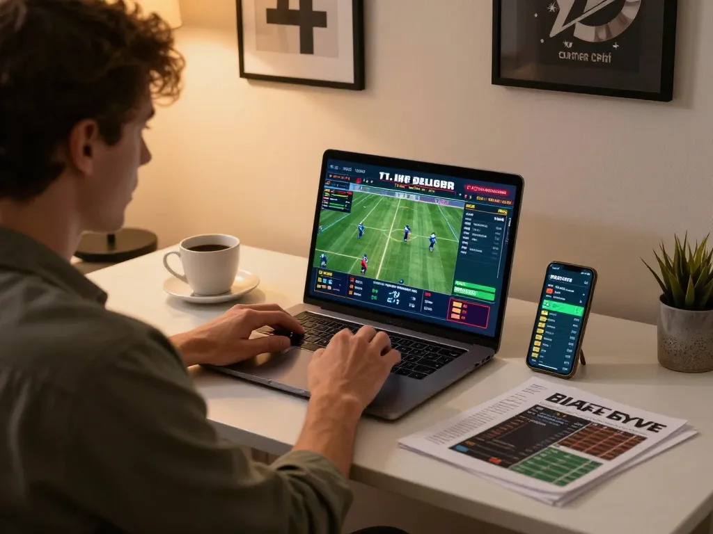 Engaging in live sports betting on god55vn with a focused online gaming setup and strategic materials.