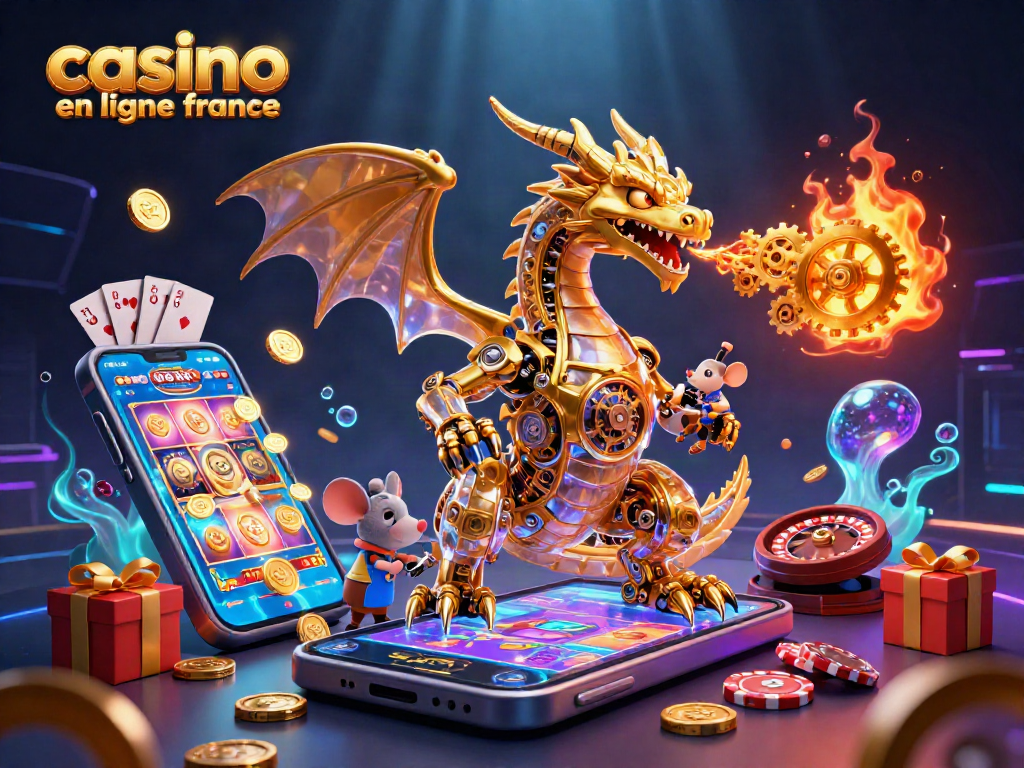 Jouez aux meilleurs jeux de casino en ligne France avec un dragon mécanique doré et des éléments de jeu