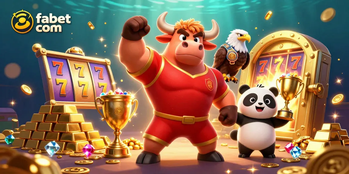 Win big with fabet com as a muscular bull mascot celebrates alongside eagle and panda!