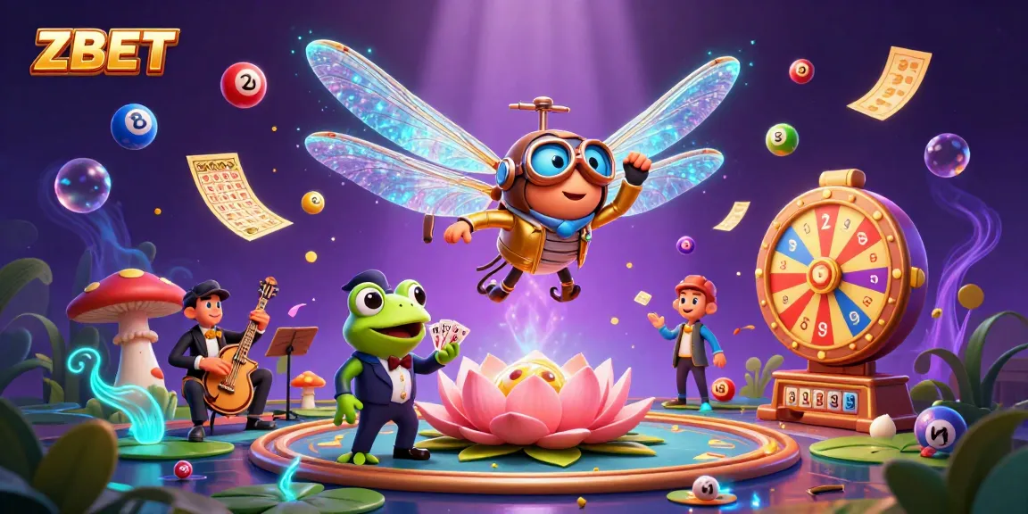 ZBET boutique casino featuring a dragonfly pilot and frog dealer celebrating winnings with vibrant lottery elements.