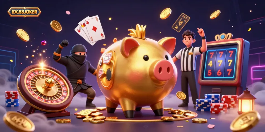 Experience the excitement of IDC88JOKER with a vibrant 3D casino battle featuring a golden piggy bank sumo wrestler.