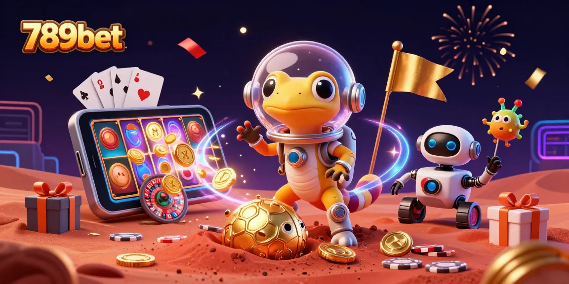Engage with thrilling 789bet gaming adventures showcasing a Martian gecko discovering a golden casino.