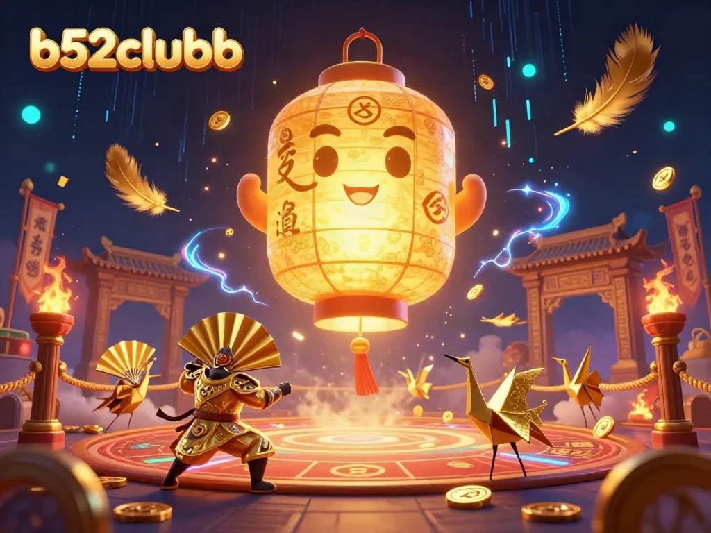 Engaging b52clubb casino scene with glowing lantern spirit and lucky symbols.