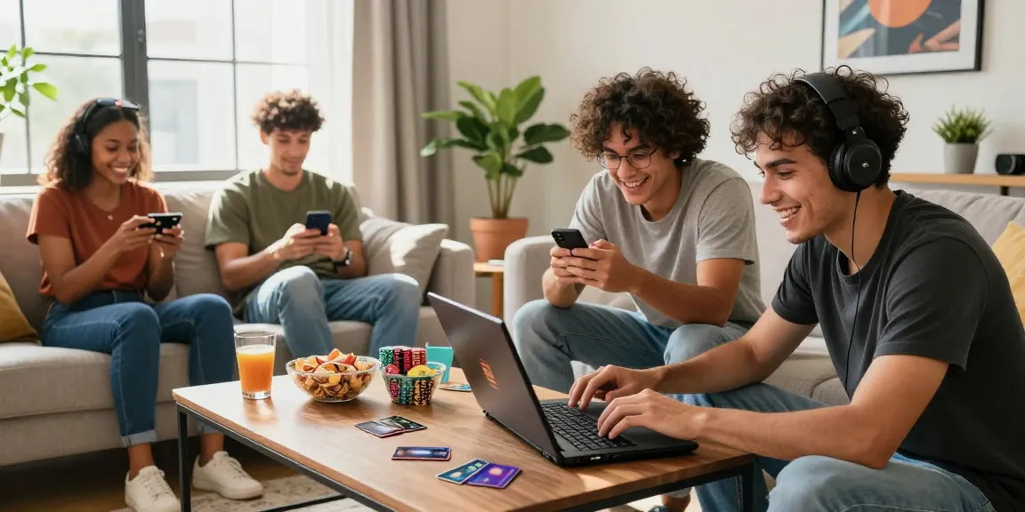 Friends enjoying vibrant credit card casinos experience in a stylish living room.
