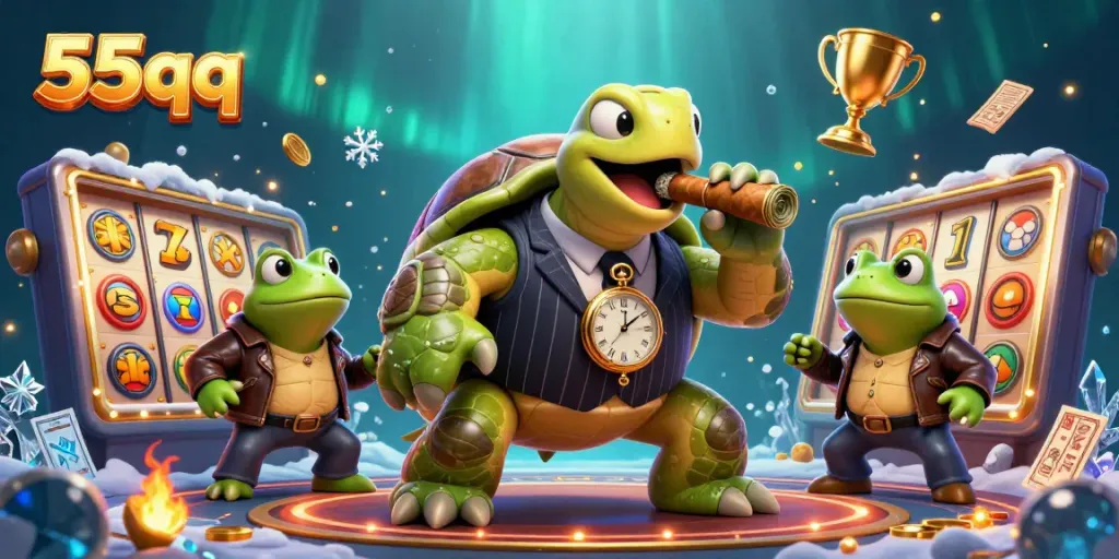 Experience exciting gameplay and rich visuals at 55qq with slot reels, animated characters, and dynamic casino lights.