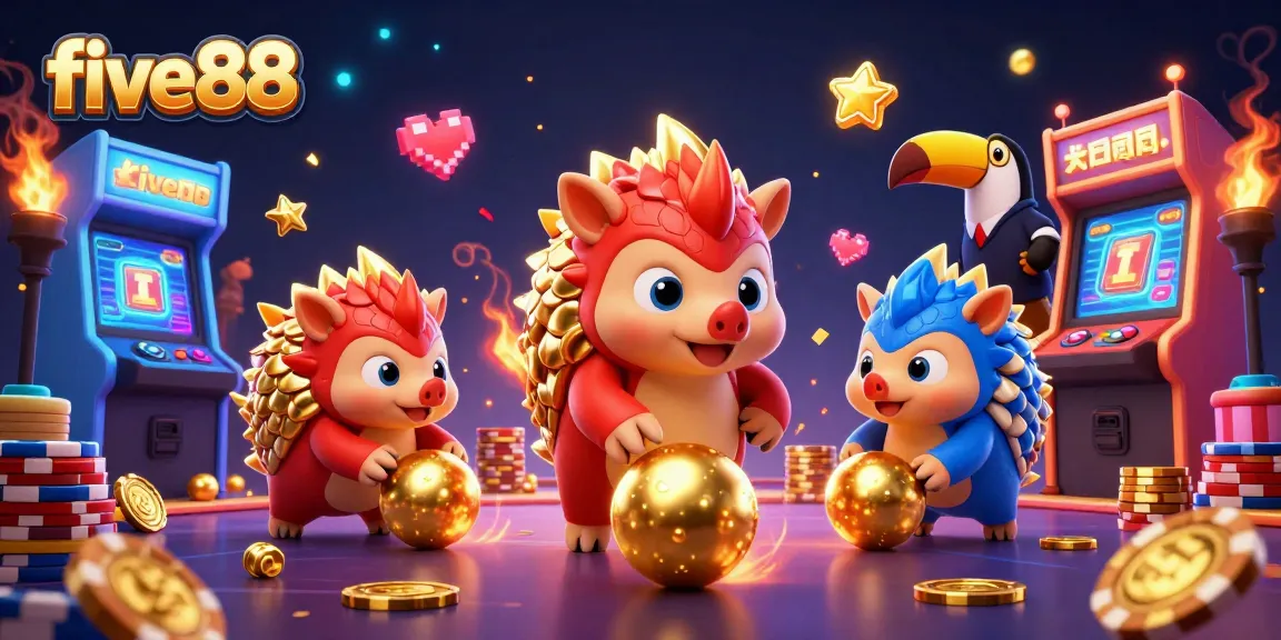 five88 pangolins bowling golden balls through poker chips in a vibrant casino scene