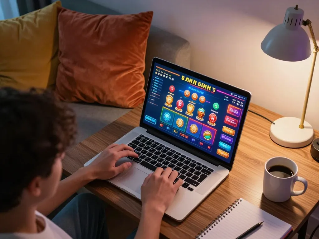 Engaging in game bài đổi thưởng HITCLUB on a laptop in a vibrant home office setting, showcasing an exciting online gambling experience.