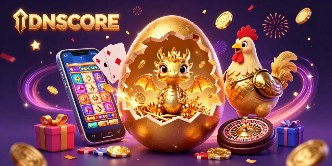 Spin the reels and win with IDNSCORE's dazzling 3D illustration featuring golden dragon and casino elements.