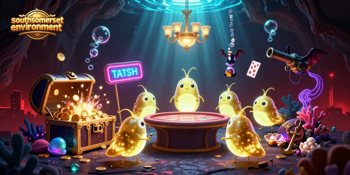 Visit southsomersetenvironment’s illuminated cave casino with glowworms, gold coins, and vibrant playing cards.