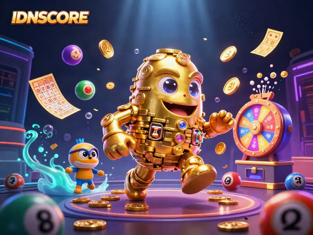 Engage with IDNSCORE by exploring vibrant casino games with a dynamic golden golem and animated lottery elements.