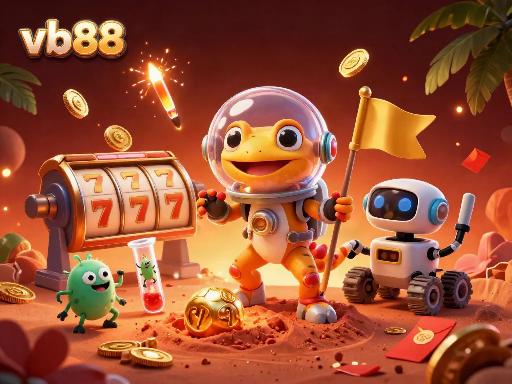 Experience thrilling gameplay at vb88 with an adventurous Martian gecko in a golden casino, showcasing exciting slot games and elements.