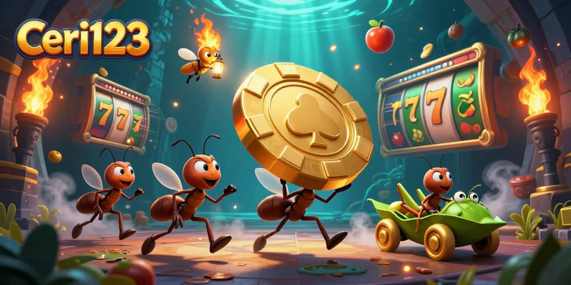Spin to win at Ceri123 with a dynamic heist scene featuring ants and a golden poker chip.