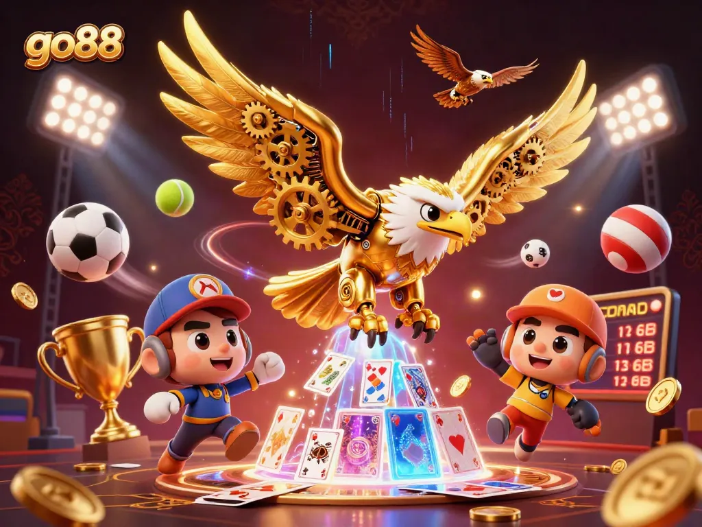 Experience go88's dynamic gameplay with a cybernetic eagle soaring through holographic cards and sports elements.