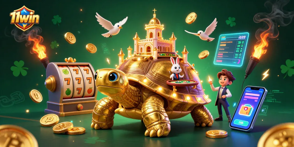 Engage with 11win's thrilling slot games featuring a golden tortoise and colorful dealer in an animated scene.